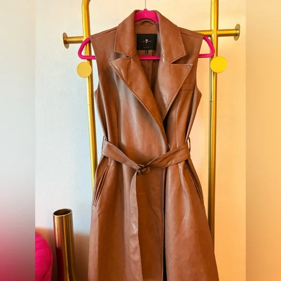 7 For All Mankind Sleeveless Faux-Leather Trench Vest/Jacket in Brown/Tan Color - Picture 2 of 13
